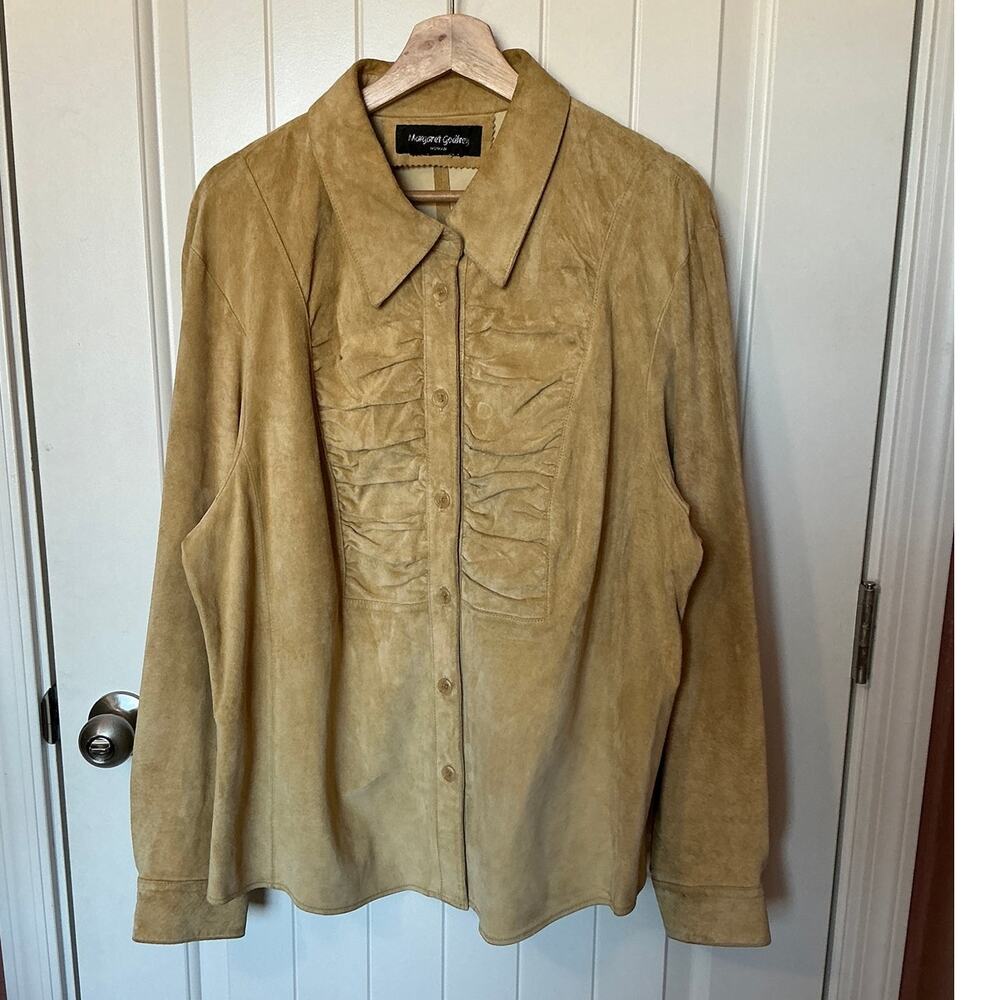 Vintage Margaret Godfrey Suede Ruched Button Up Shirt Large Tan